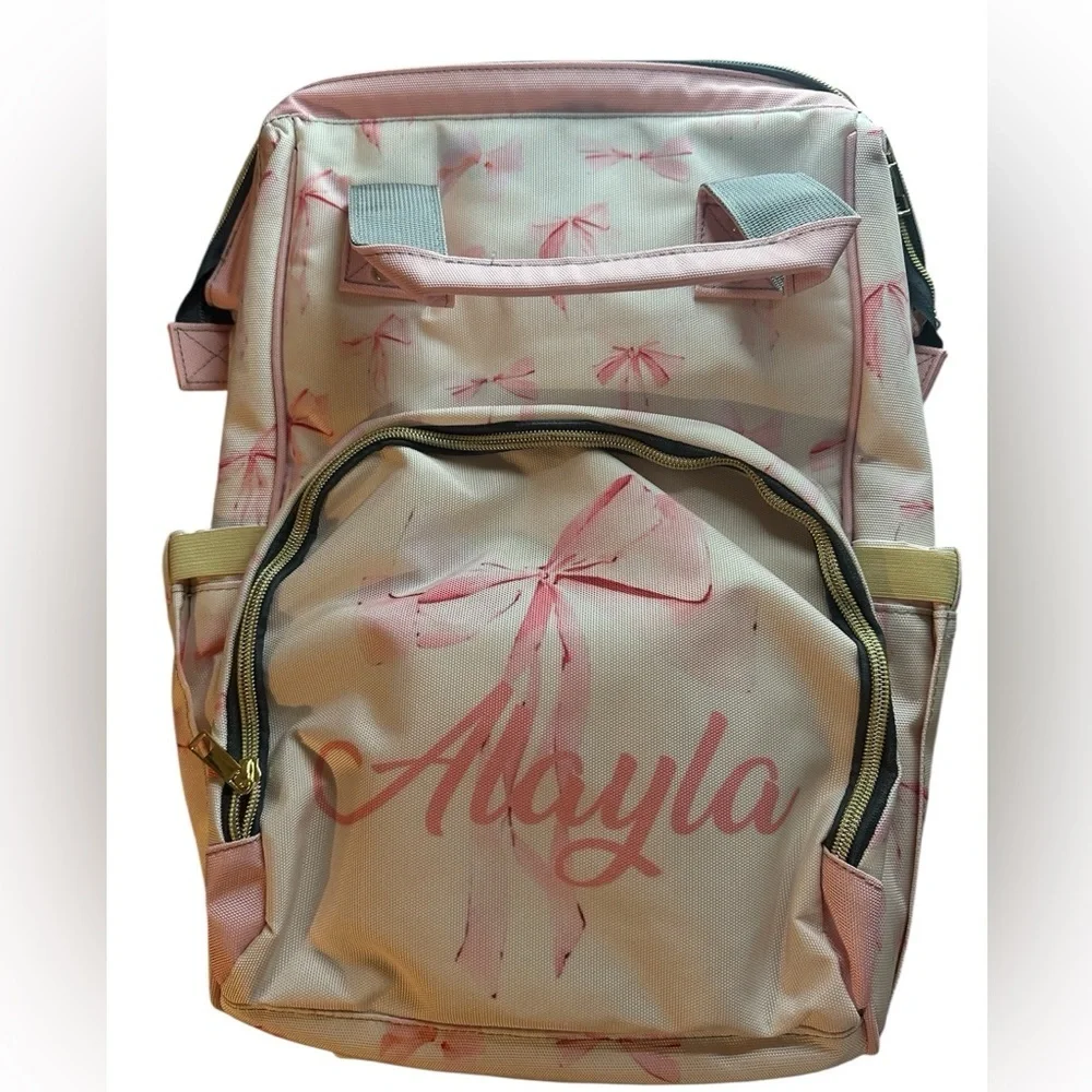 Alayla Bow Backpack,3Zip up pockets,2Water bottle‎ holders,pink,grey,cream,gold